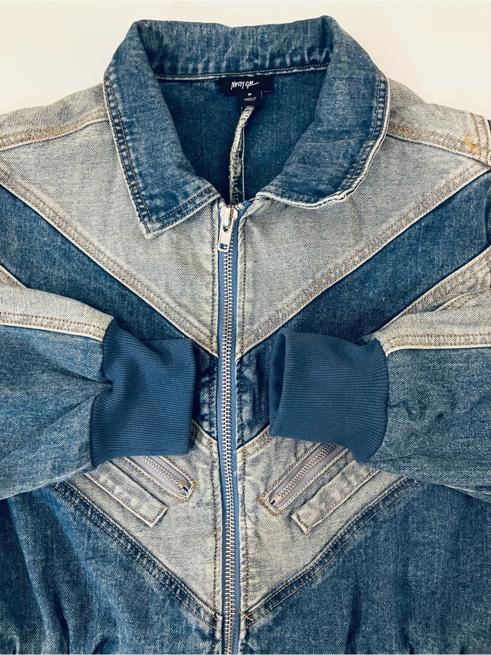 Nasty Gal Chevron Patchwork Denim Bomber Jean Jacket Medium - Picture 9 of 10